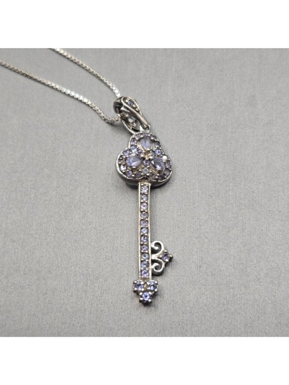 Vintage Sterling Silver Tanzanite Key Pendant Enhancer Necklace 18" Signed JC - Picture 3 of 13